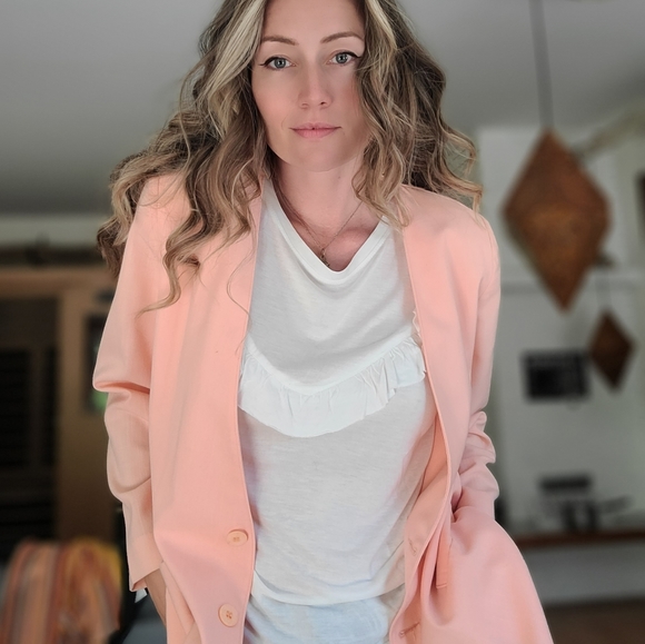 Vintage 80s Pink Linen Blazer w/ Shoulder Pads - Picture 4 of 9